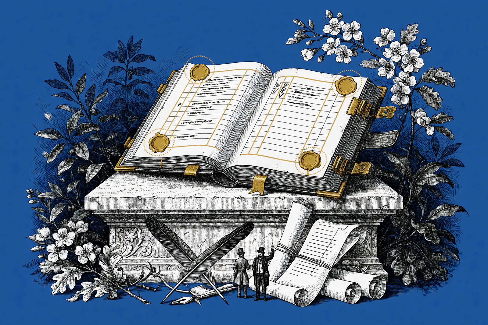 Engraved illustration of an open ledger with gold seals on a stone pedestal amid oak leaves and blossoms, two top-hatted figures with quills and scrolls below, spot color gold on blue background.