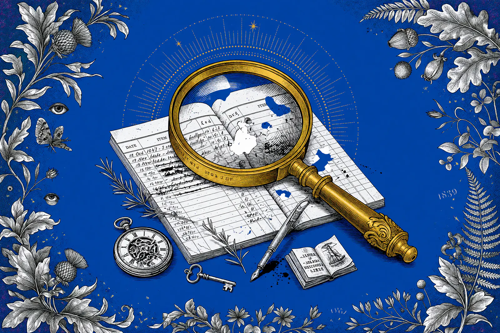Engraved illustration of a gold magnifying glass over an open ledger with map, surrounded by pocket watch, key, and quill amid white botanical engravings on a deep blue background.