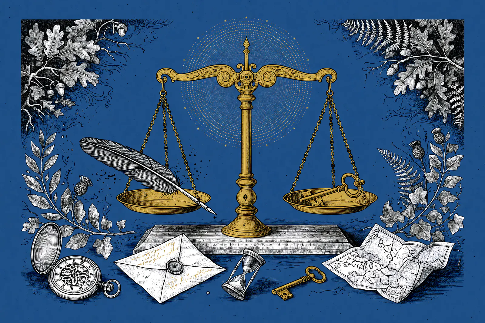 Engraved illustration of a golden balance scale with a quill and key in its pans amid a pocket watch, envelope, hourglass, and map on a blue background with white botanical borders.