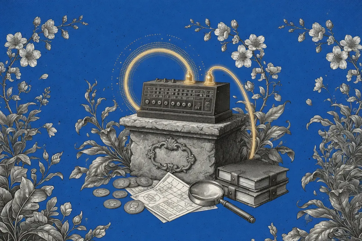 Engraved illustration of an antique telephone switchboard on a carved stone pedestal, a single golden patch cable arcing between two jacks inside a dotted halo, with bound ledgers, scattered coins, a folded chart, and a magnifying glass at the base, framed by blossoming branches against a cobalt blue background.