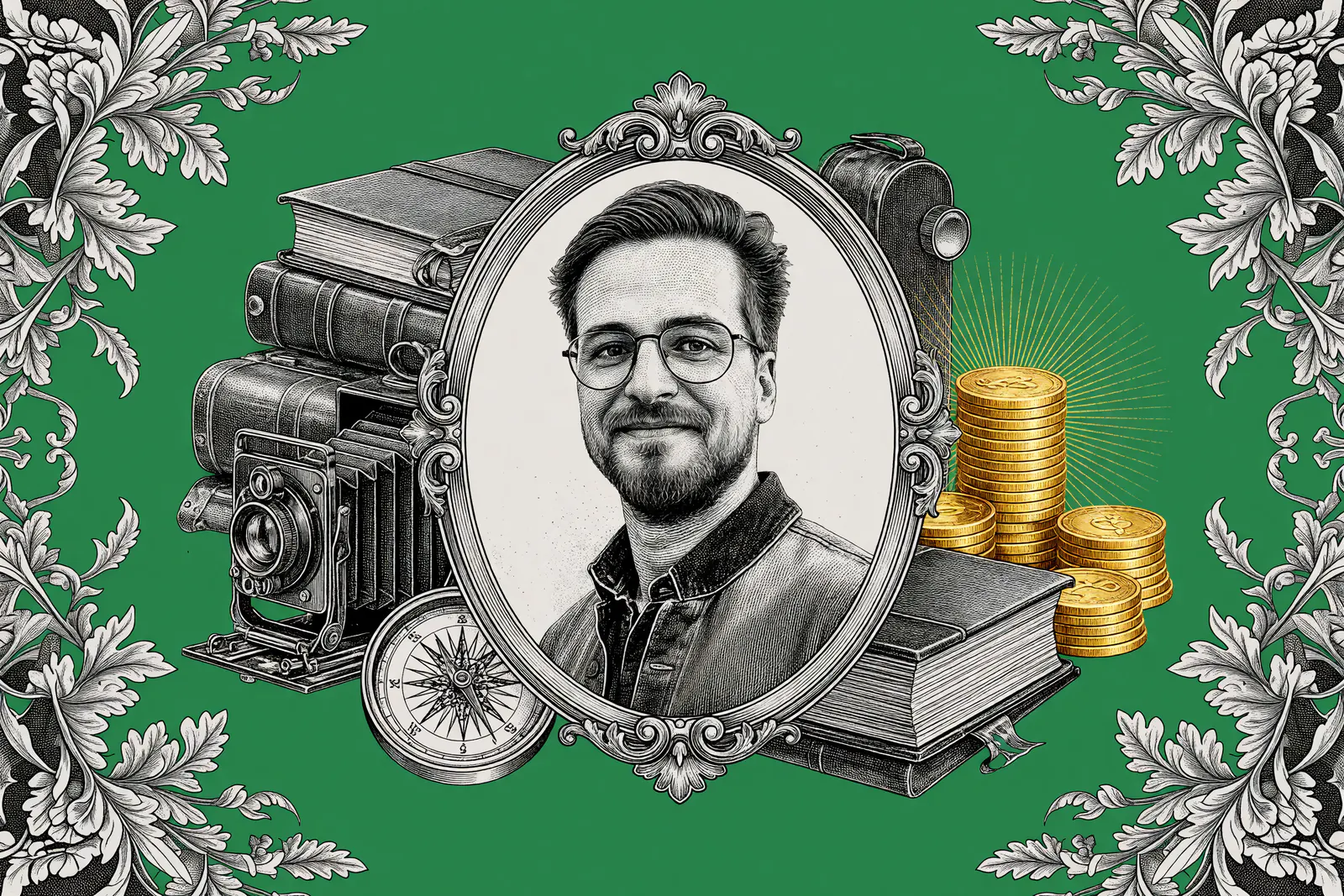 Engraved illustration of a bearded man with glasses in an ornate oval frame amid books, a vintage camera, a compass and stacks of gold coins in gold spot color on a green background.