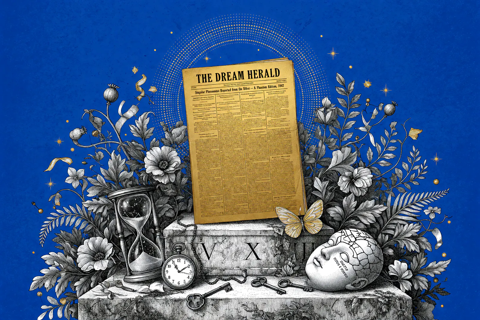 Engraved illustration of a still life with The Dream Herald newspaper, hourglass, pocket watch, keys, cracked head, flowers, and butterfly in black ink with gold accents on a deep blue background.