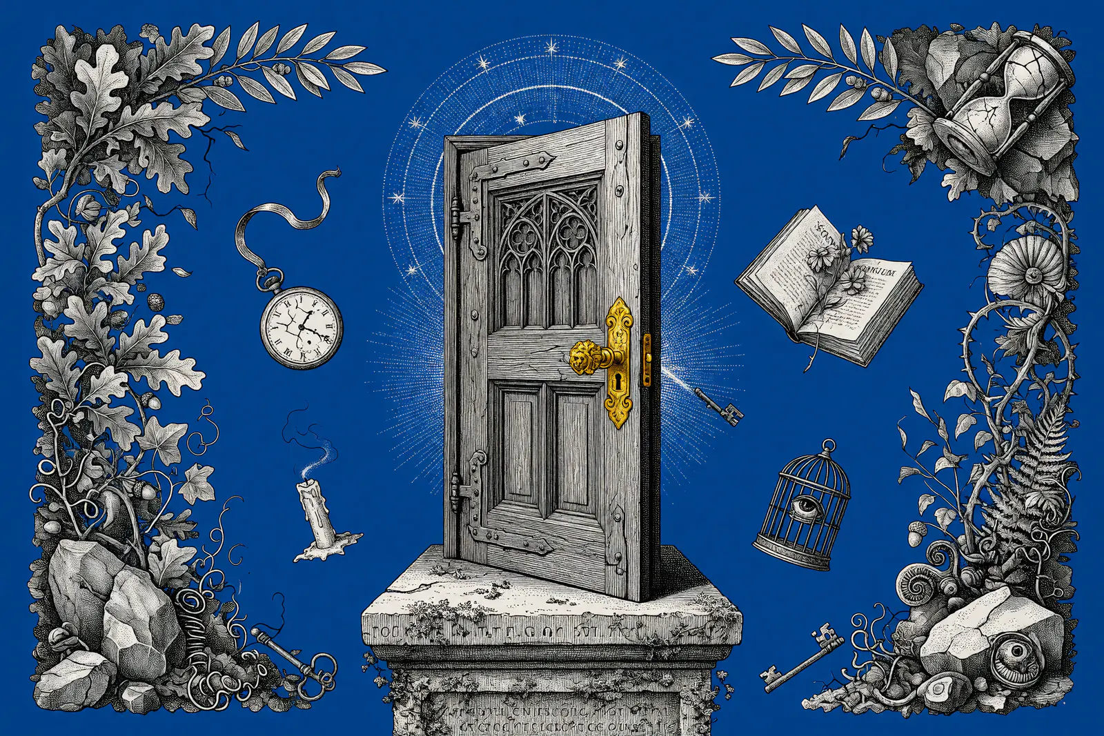 Engraved illustration of an open wooden door with gold hardware on a carved stone pedestal, surrounded by symbolic motifs including a pocket watch, candle, keys, open book, and eye-filled birdcage, in black and white with gold accents on a solid blue background.