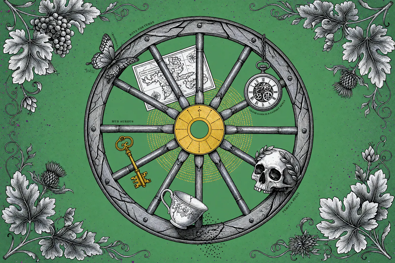 Engraved illustration of a wooden wheel of fortune adorned with a skull, key, teacup, map and pocket watch, gold hub and accents on green background with botanical borders.