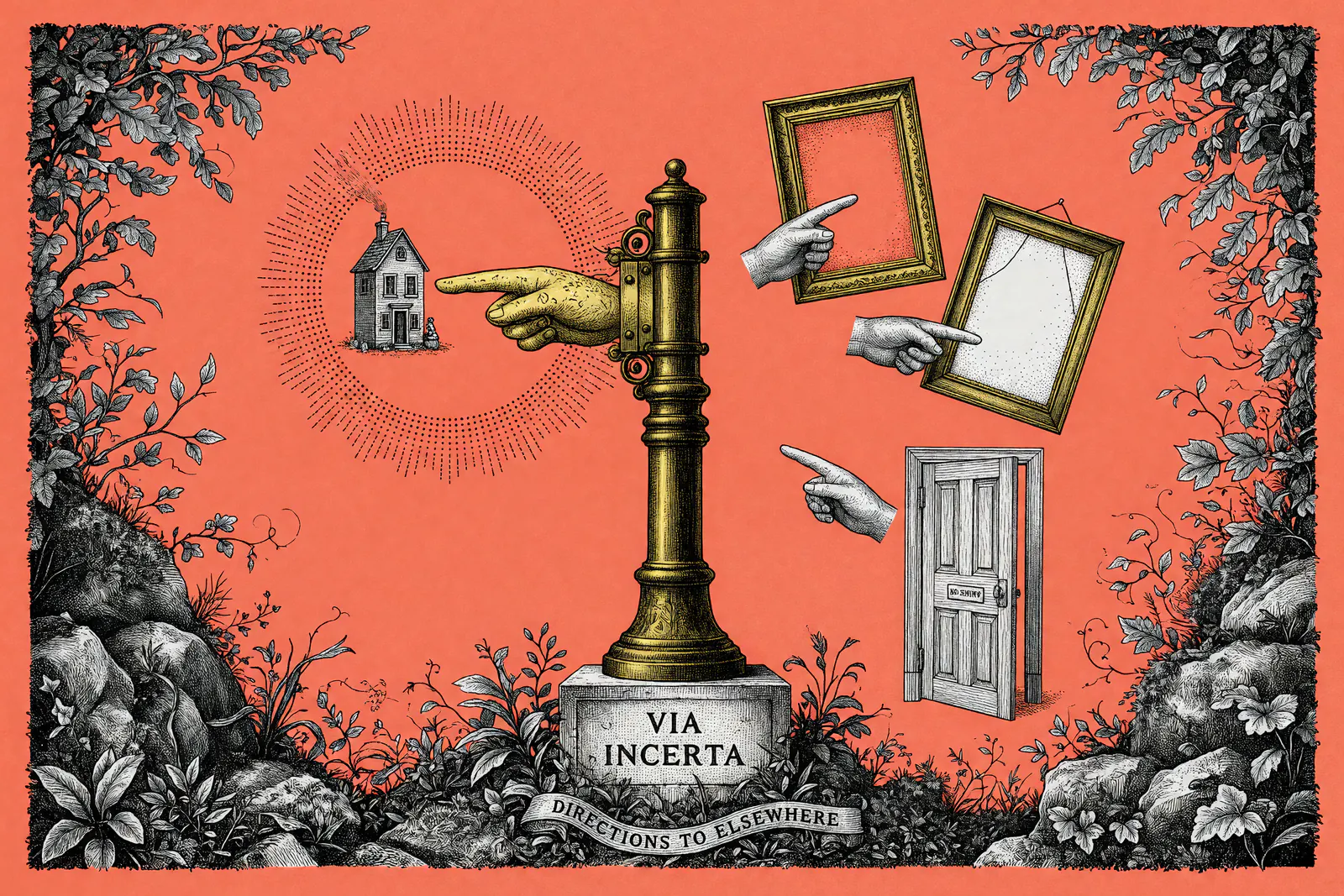 Engraved illustration of pointing hands encircling a golden Via Incerta post on a coral-red background, with a glowing house, empty frames, and a no-entry door amid black foliage borders.