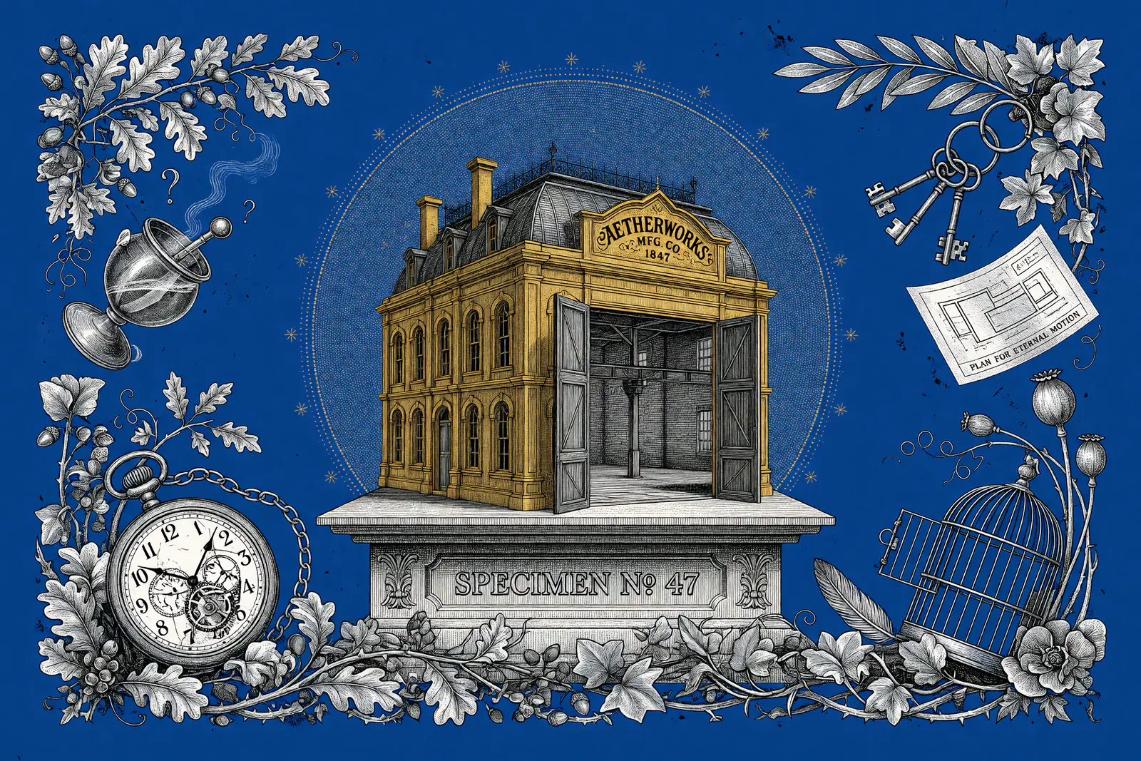 Engraved illustration of Specimen No. 47, an ornate Aetherworks Mfg. Co. building with open doors on a pedestal, surrounded by a pocket watch, keys, open birdcage and botanicals in gold spot color against a deep blue background.