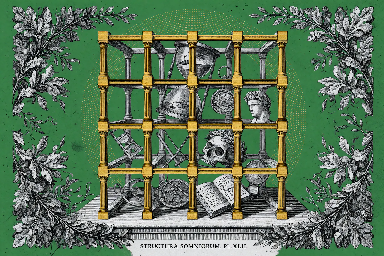 Engraved illustration of symbols of time and mortality inside a golden columnar grid on a green background with oak-leaf borders.