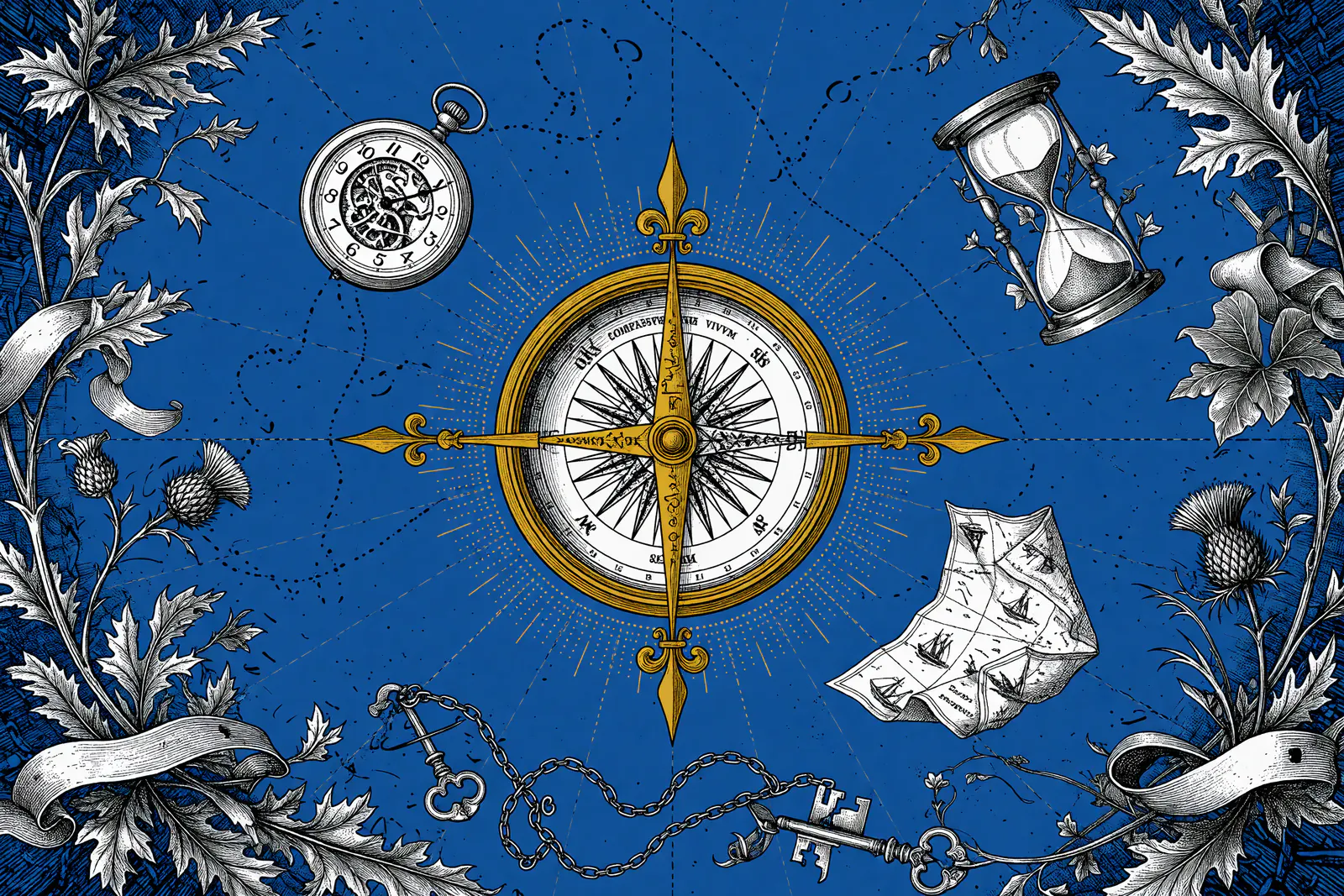 Engraved illustration of a gold compass rose encircled by a pocket watch, hourglass, map, keys, anchor and thistles against a deep blue background with radiating lines.