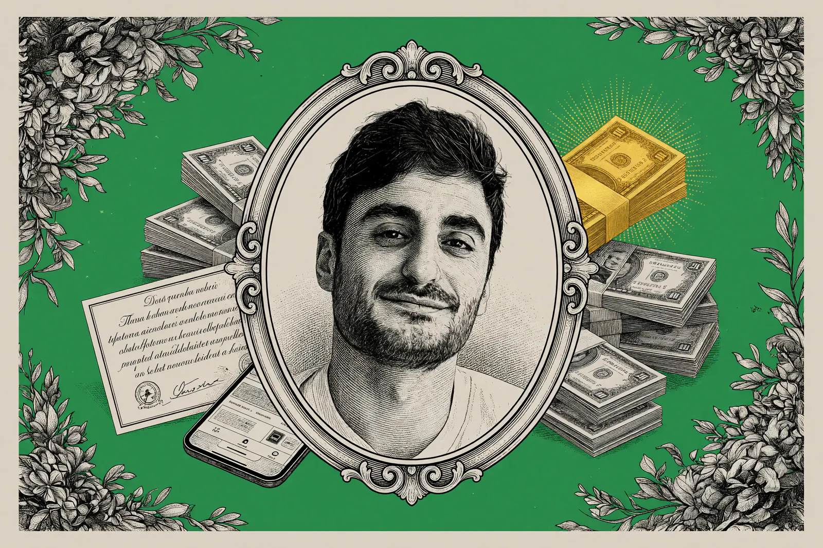 Engraved illustration of a smiling man in an ornate oval frame amid stacks of dollar bills, certificate and smartphone on green background with yellow spot color on currency and floral borders.