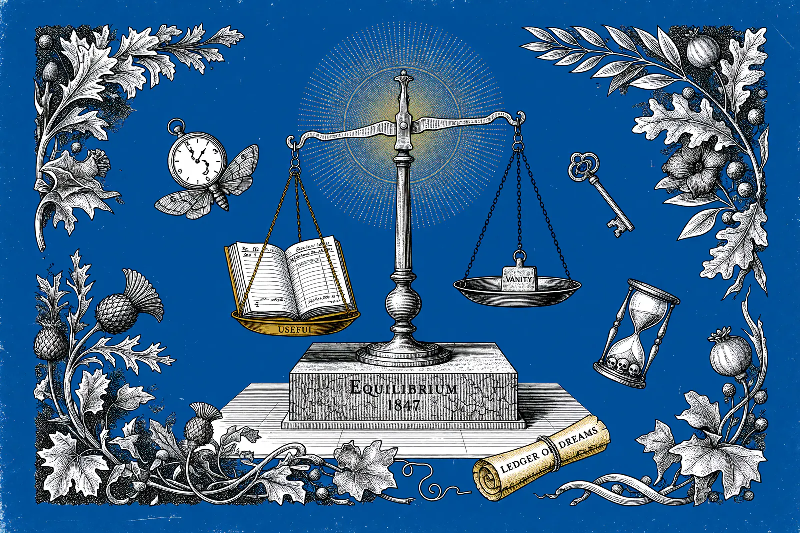 Engraved illustration of a symbolic balance scale weighing useful knowledge against vanity on an 1847 equilibrium pedestal, surrounded by a winged watch, skull hourglass, key, and botanical motifs, gold sunburst on blue background.