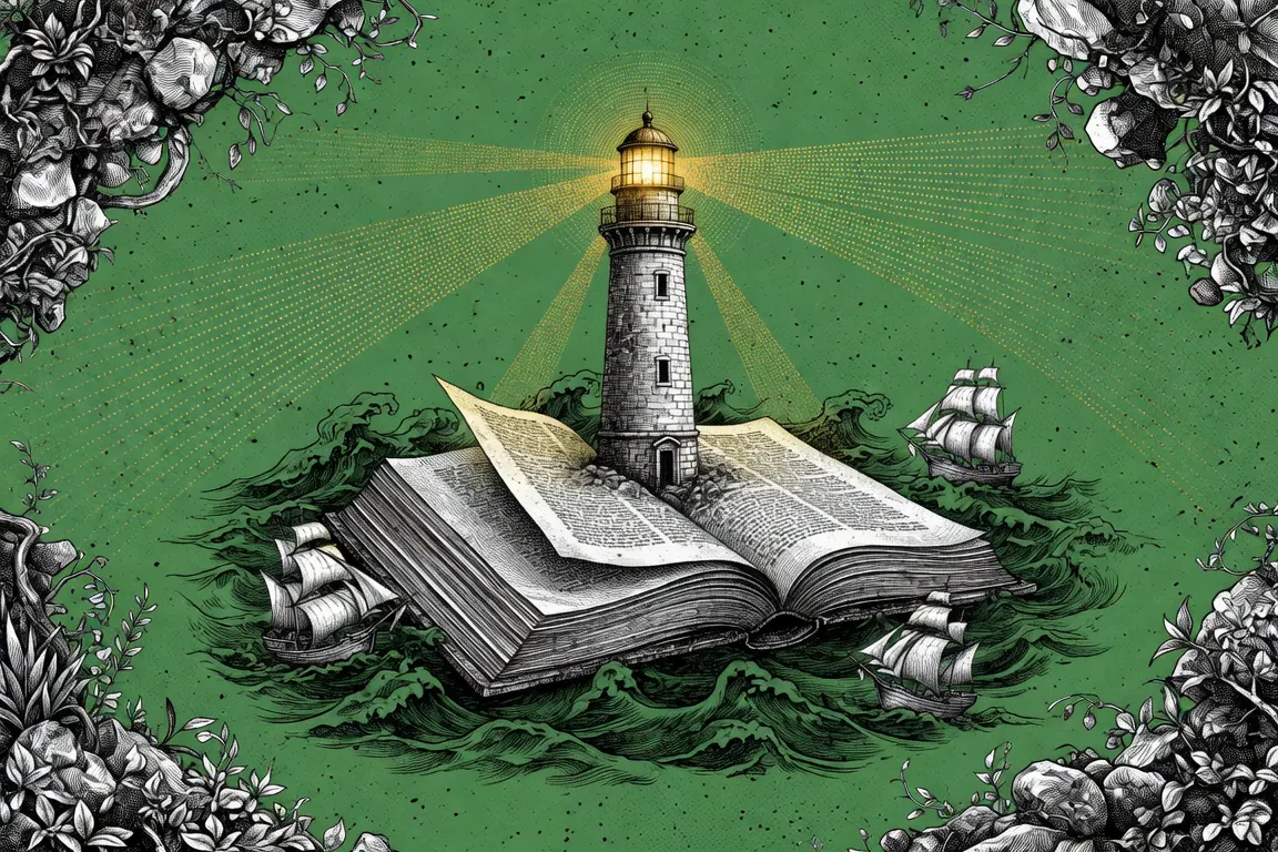 Engraved illustration of a stone lighthouse rising from the pages of an enormous open book, its lamp glowing gold with dotted rays sweeping the sky, as small sailing ships ride dark hatched waves around the book, framed by dense foliage against a kelly green background.