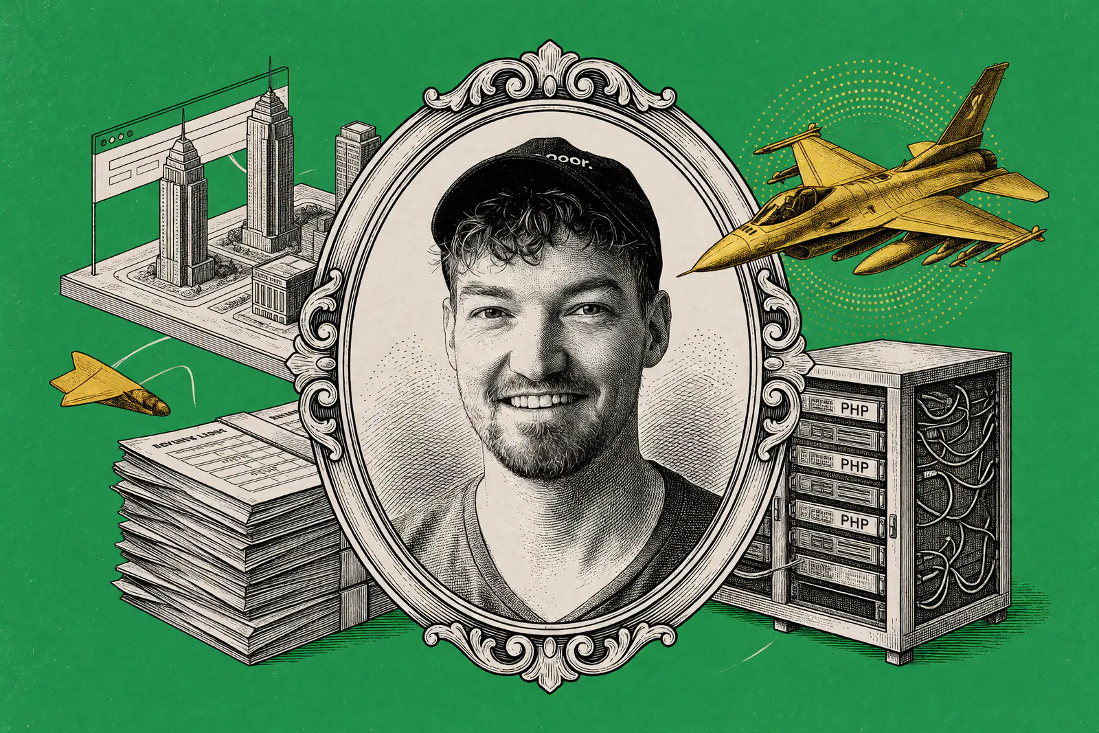 Engraved illustration of a smiling bearded man in a cap inside an ornate frame amid PHP servers a fighter jet paper airplane and city models in yellow spot color on a green background.