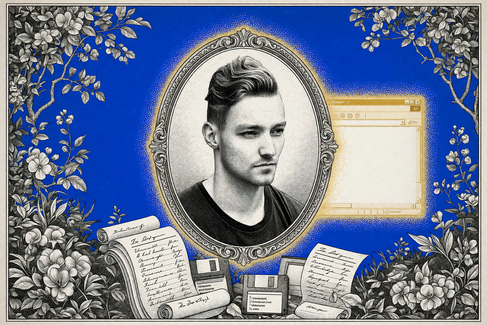 Engraved illustration of a young man in an ornate oval frame beside a retro computer window with floppy disks and scrolls below, in black ink with gold spot color on a blue background bordered by floral vines.