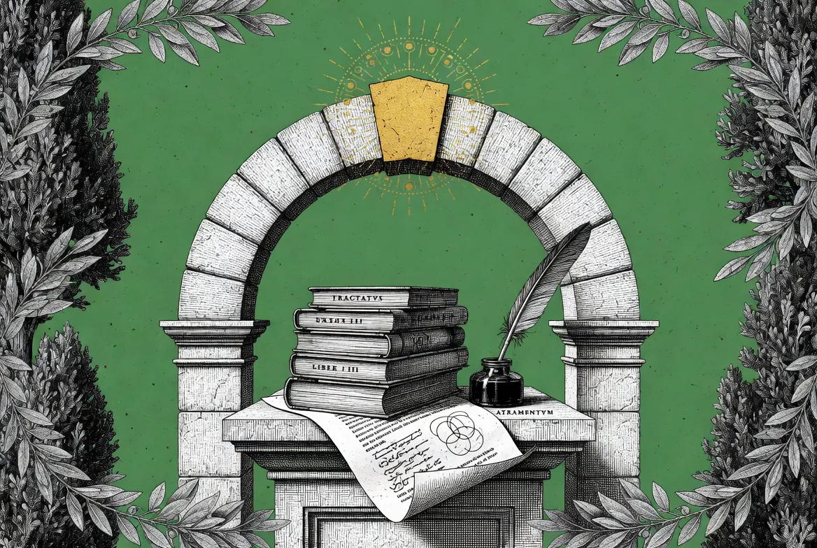 Engraved illustration of a stone archway with a glowing golden keystone above a stack of bound volumes, a quill, and an inkwell labeled atramentvm on a classical pedestal, framed by laurel against a green background.
