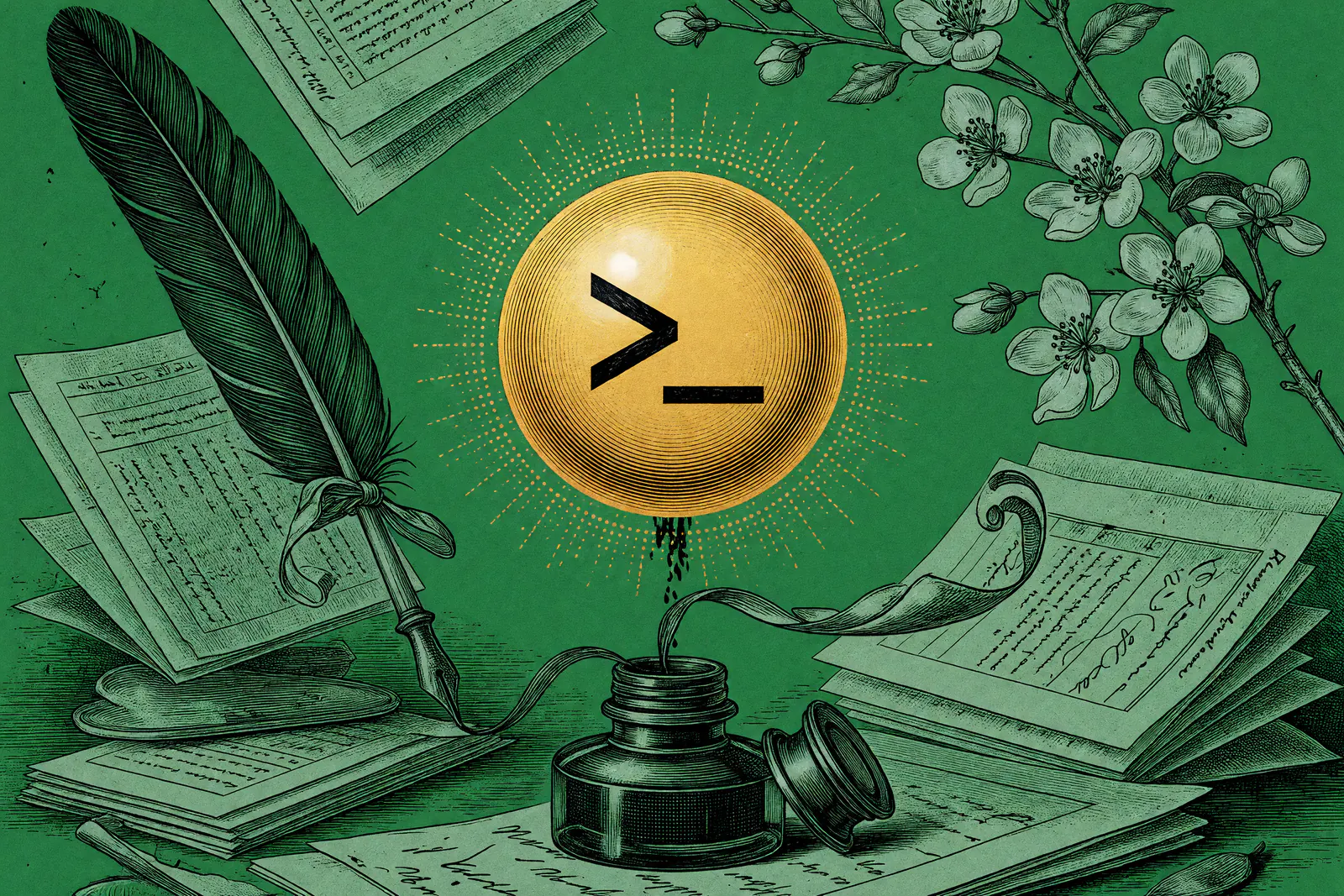Engraved illustration of a glowing golden orb bearing a command-prompt glyph, haloed in dotted light, pouring a thin stream of ink into an antique inkwell, framed by a quill, handwritten manuscripts, and a blossoming branch against a kelly green background.