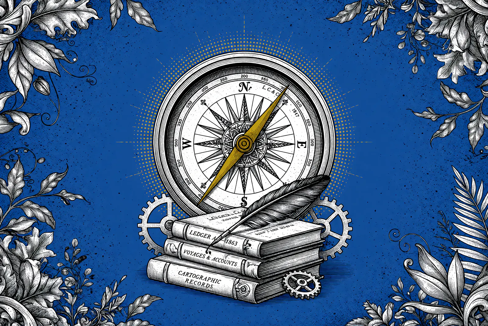 Engraved illustration of a gold-needled compass atop ledger books and a quill with gears against a blue background with white botanical borders.