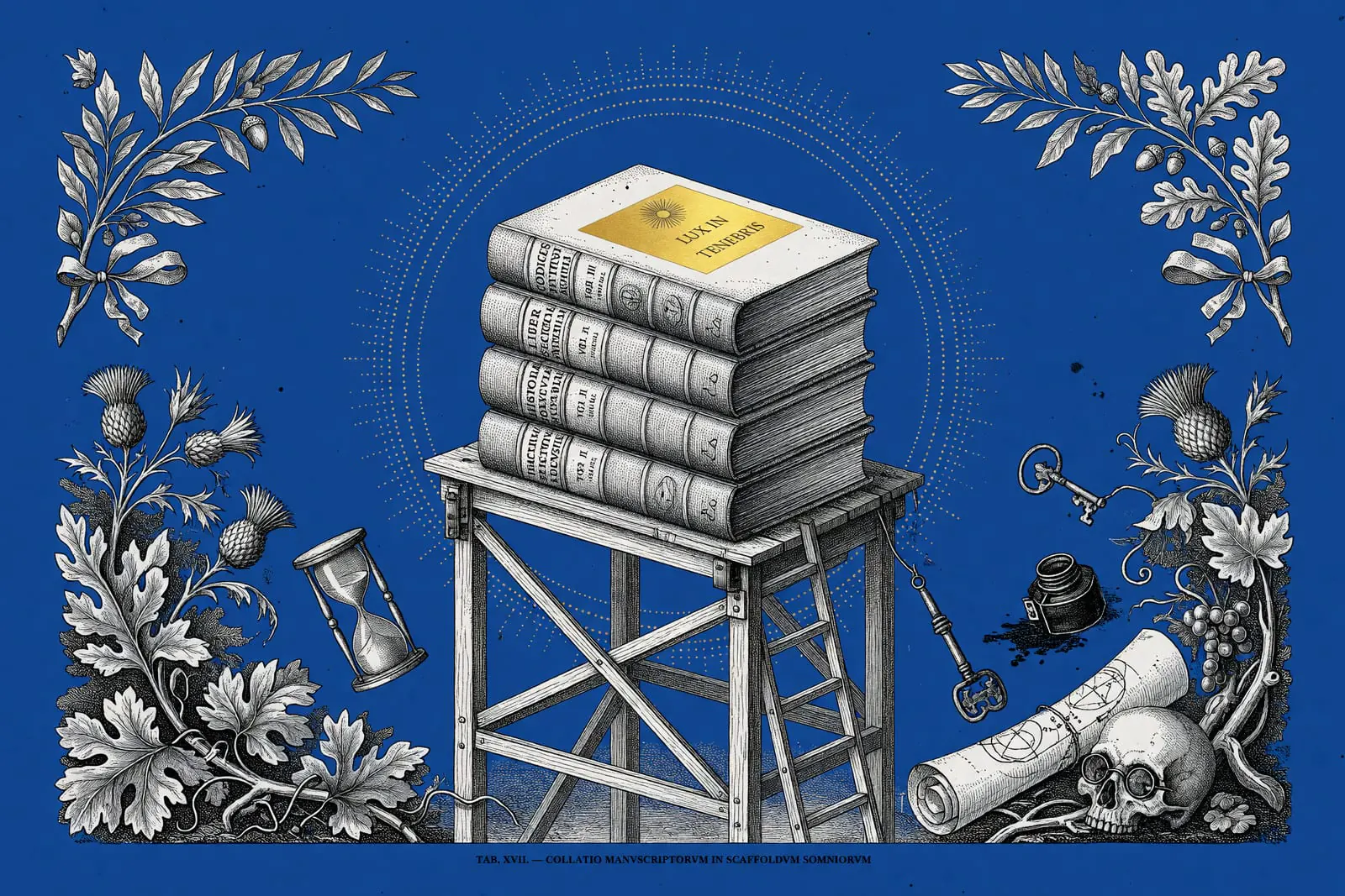 Engraved illustration of books stacked on a wooden scaffold with gold Lux in Tenebris title, surrounded by an hourglass, keys, skull, scroll and oak leaves against a solid blue background with gold spot color.