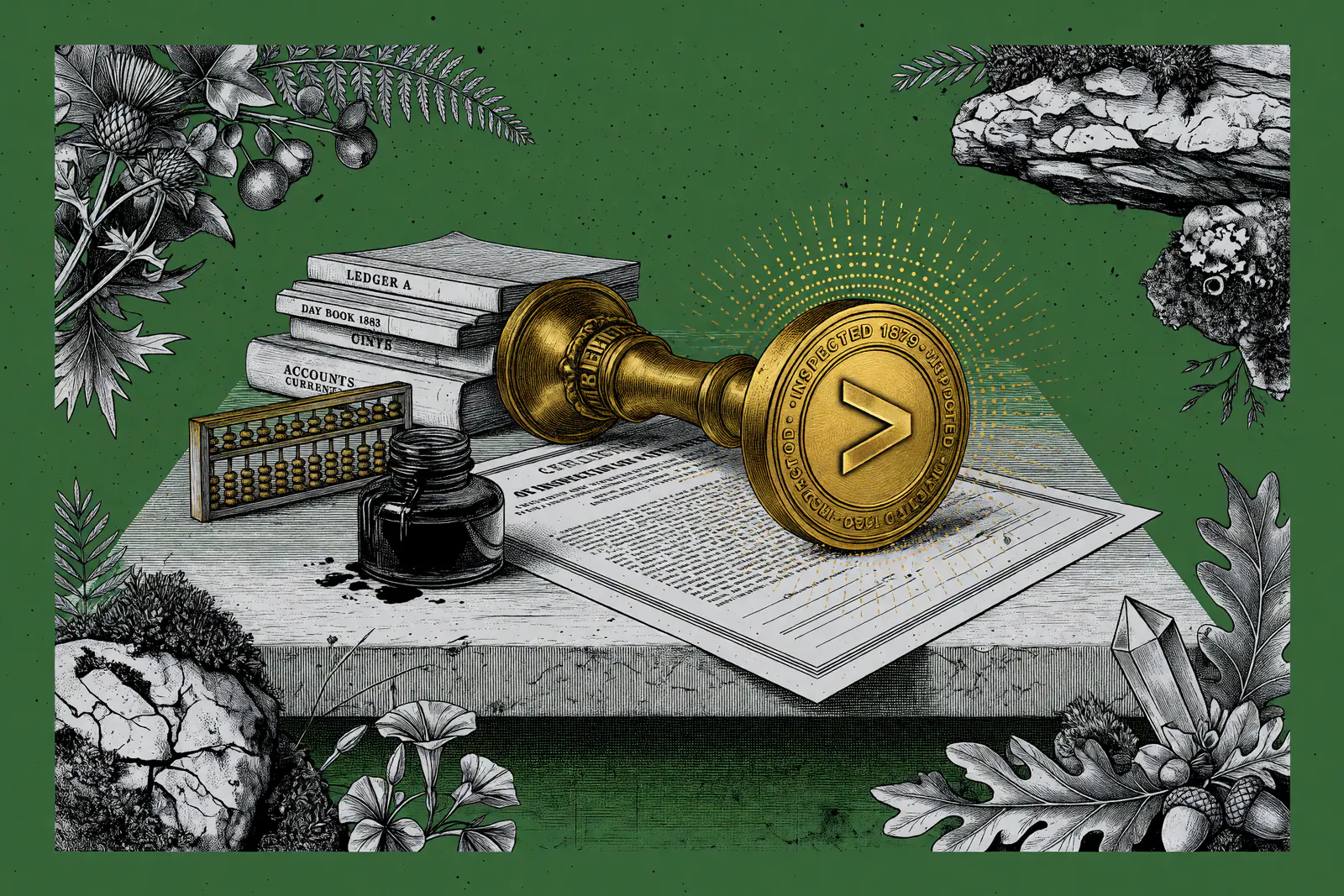 Engraved illustration of a gold inspector's stamp, its face a greater-than glyph, resting on a certificate beside ledgers, an abacus, and a spilled inkwell, framed by botanicals on a kelly green ground.