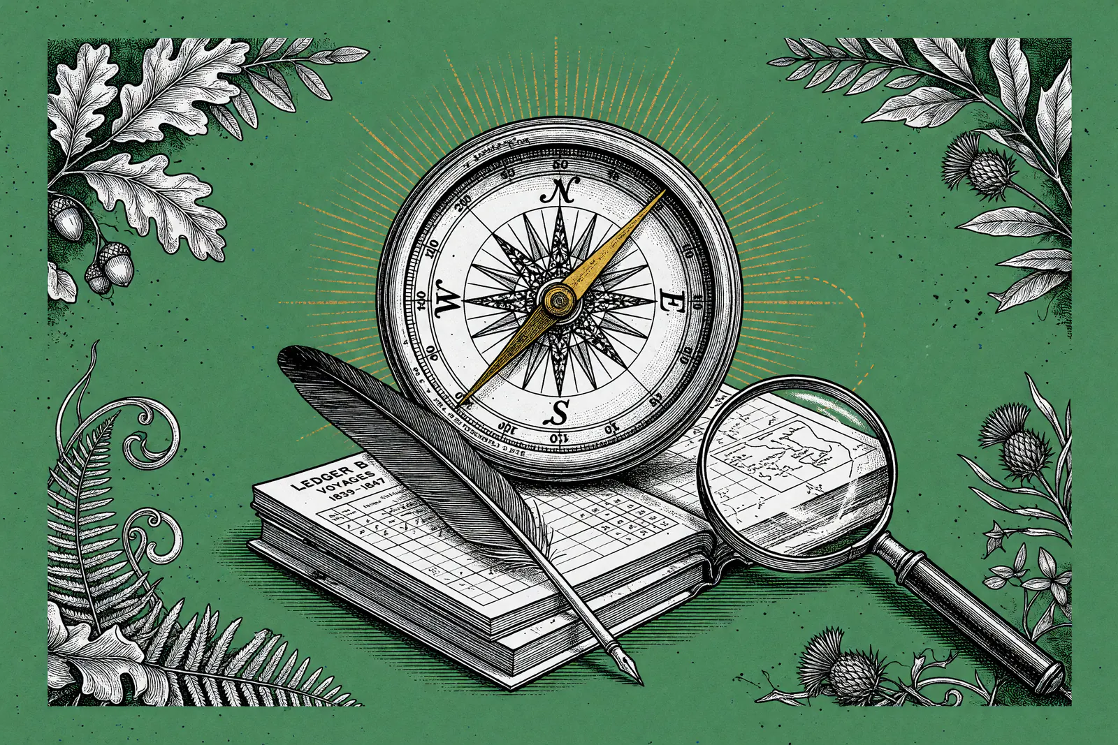 Engraved illustration of a compass atop an open ledger with quill and magnifying glass, gold needle and rays on green background, framed by oak, fern and thistle.